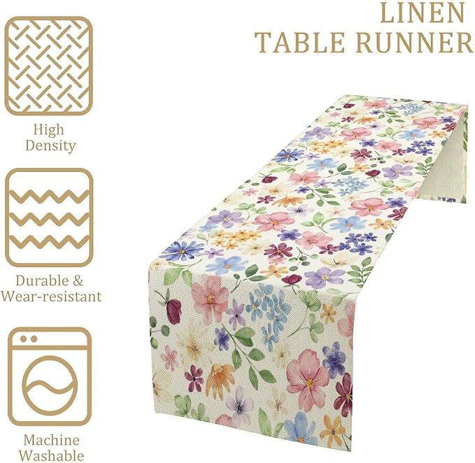 Floral Decorative Table Runner, Watercolor Floral Botanical Rustic Modern Style Pattern Printed Long Table Runner for Restaurant Kitchen Party,13in（33cm） W * 90in（229cm） L