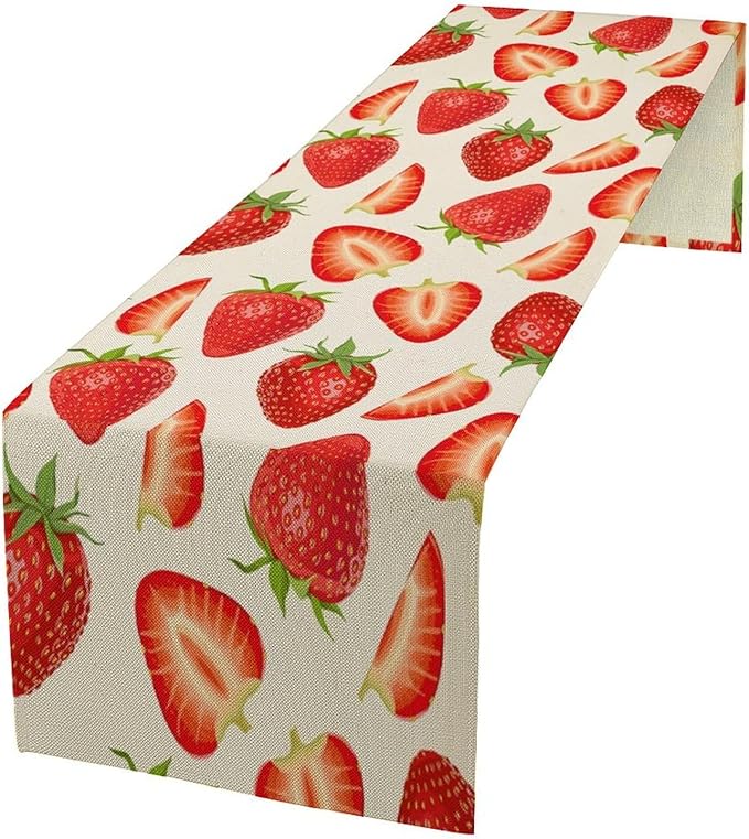 Strawberry Table Runner Spring Summer Wild Berry Fruit Theme Dinner Runner for Girl Baby Shower Party Holiday Home Kitchen Dining Table Decor 13x108
