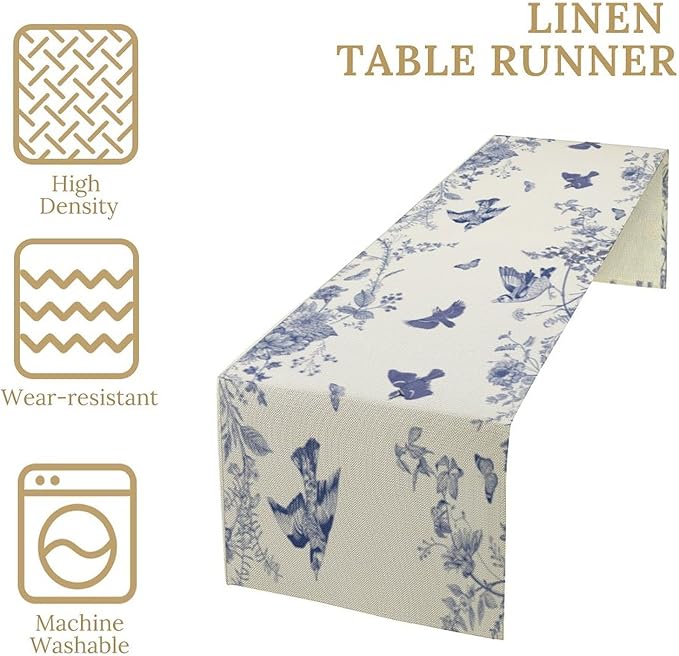 Monochrome Sketch Flowers Bird Table Runner, Seasonal Spring Fall Plants Blue Florals Dinner Runner for Home Kitchen Dining Table Party Holiday Decoration 13"x108"