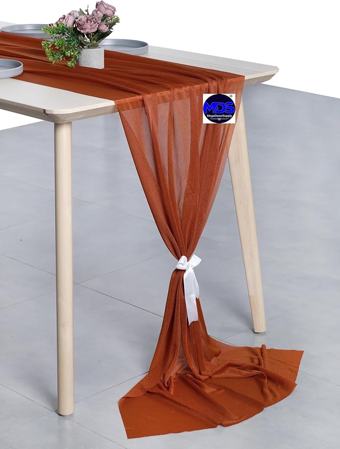 MDS 5 Pack 10ft Chiffon Table Runner 29 x 120 Inches Sheer Wedding Runner Romantic Rustic Table Runner for Wedding Decorations, Birthday Parties, Bridal Shower Party Arch Decor - Terracotta