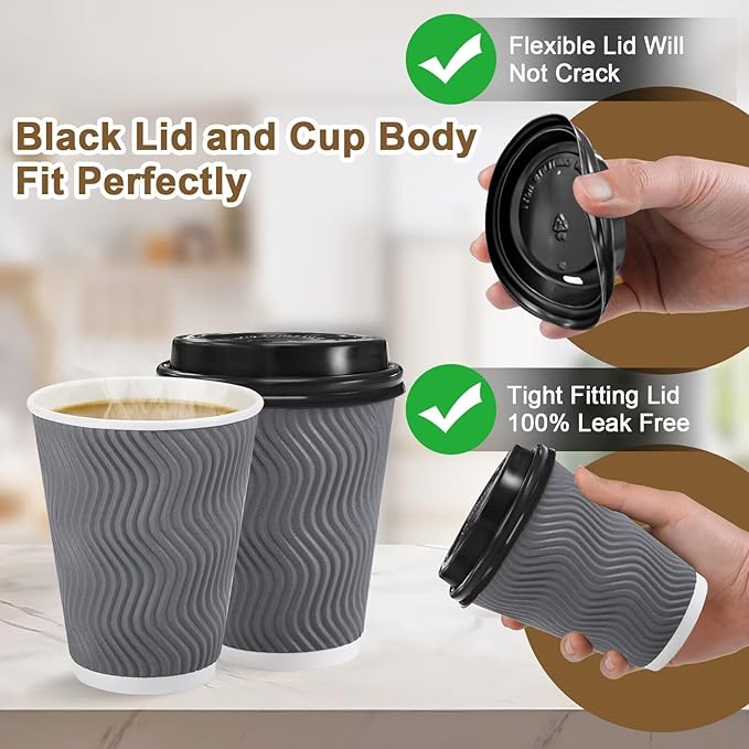 Disposable Paper Coffee Cups with Lids, 12 oz Gray, Pack of 100
