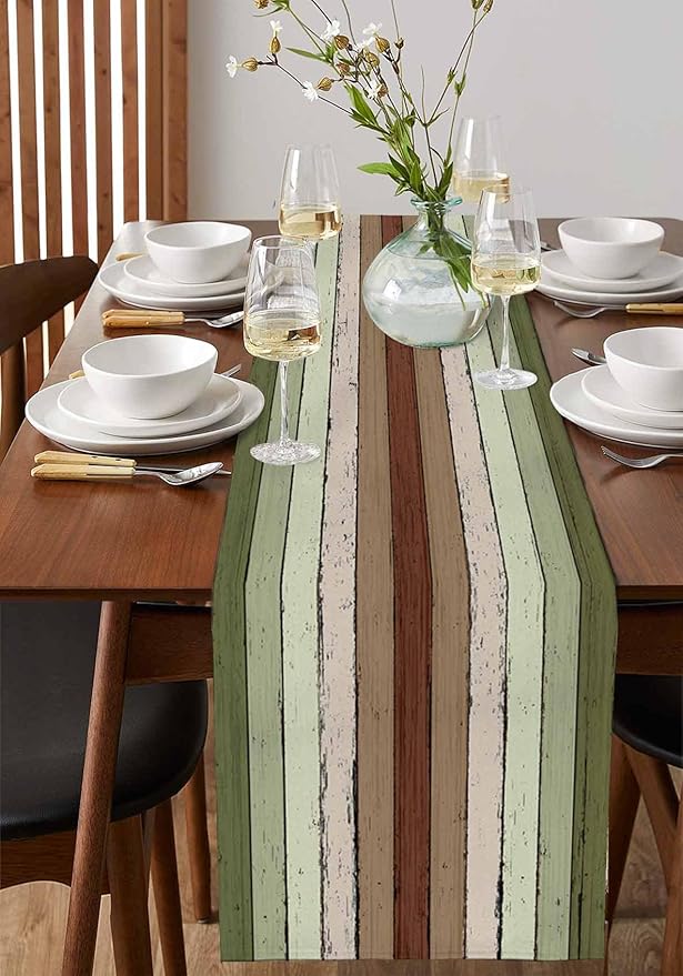 Sage Green Wooden Cotton Linen Table Runner for Dining Kitchen, Wedding Outdoor Party Tablerunners Decoration, Vintage Country Retro Distressed Grain Dresser Scarf Coffee Tablecloth Runners 13''x90''