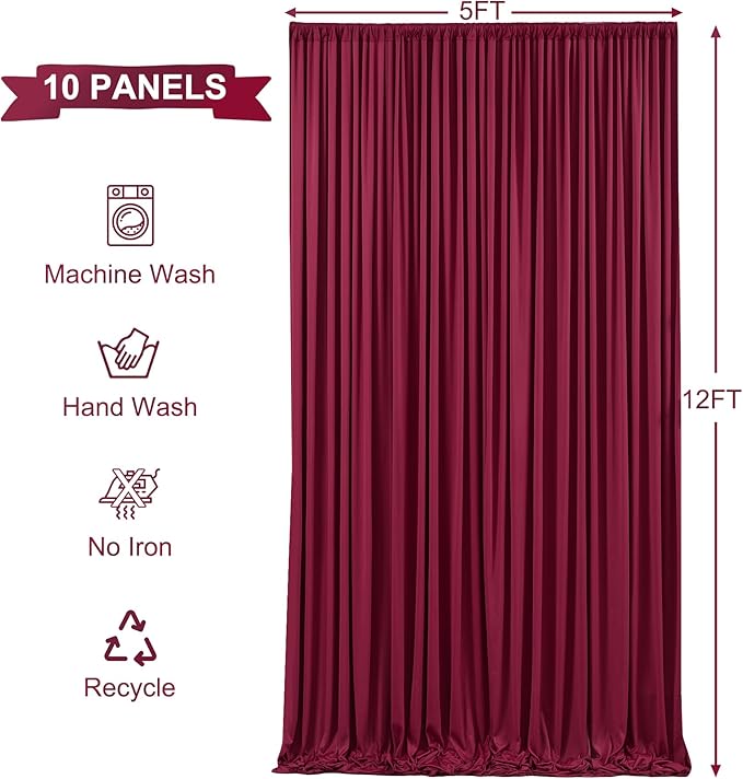 Burgundy Backdrop Curtains, 10 Panels, Wrinkle-Free Soft Fabric