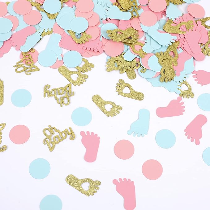 MARFOREVER 350 Pieces Gender Reveal Confetti Baby Shower Decoration Pink Blue Gold Round Glitter Confetti Oh Baby Footprints Table Paper Confetti for Gender Reveal Party Table Wedding Decor