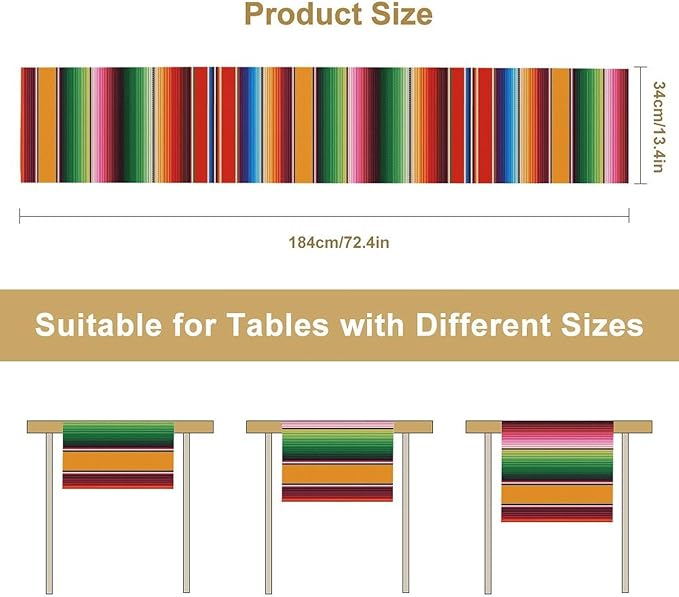 Mexican Table Runner,Colorful Stripe Art Table Runner for Kitchen Dining Table Home Party Decoration 13x72 Inch