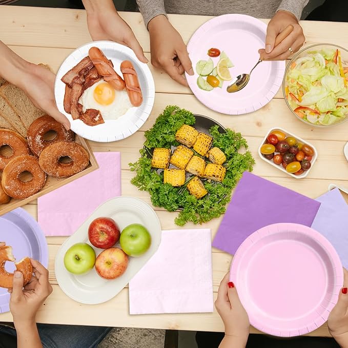 Party Pack Paper Plates and Napkins, 150 Pieces in Pink and Purple