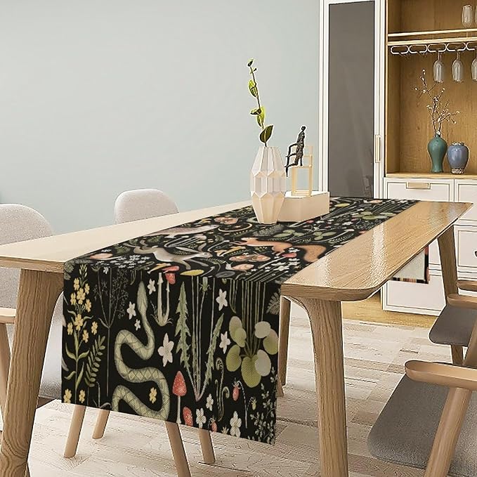 Mushroom Table Runner,Vintage Boho Forest Wild Animal Wildflower Botanical Plants Pattern Print Burlap Hotel Indoors Outdoor Dining Room Kitchen Holiday Party, 13x90in