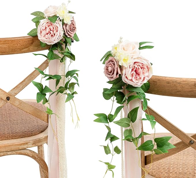 Artificial Flowers for Wedding Aisles, 8 Pieces in Dusty Rose with Ribbon Cards