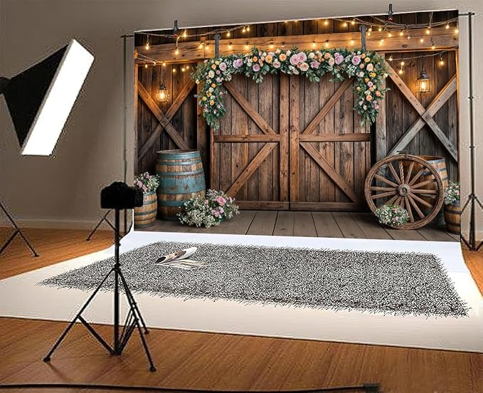 5x3ft Country Wedding Photography Backdrop Rustic Barn Door Photography Backdrop Farmhouse Pink Flower Cabin Wooden Birthday Baby Shower Wedding Bridal Party Banner Photo Booth Props Background