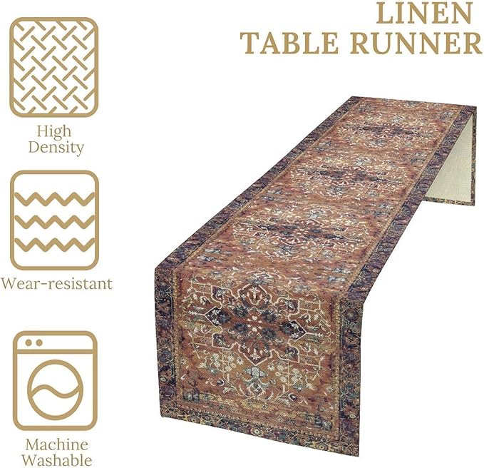 Boho Floral Vintage Table Runner, Purple Brown Retro Flower Rustic Country Farmhouse Abstract Pattern for Home Kitchen Table Decor Dining Coffee Room Party Decor 13x60in