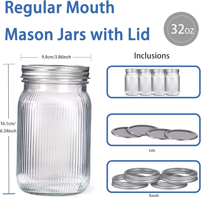 MirthMood 32 OZ Wide Mouth Mason Jars, 4 PACK Glass Mason Jars with airtight Lids, Quart mason jars wide mouth for Fermenting, Pickling, Freezing, Preserving, Meal Prep, Jar Décor