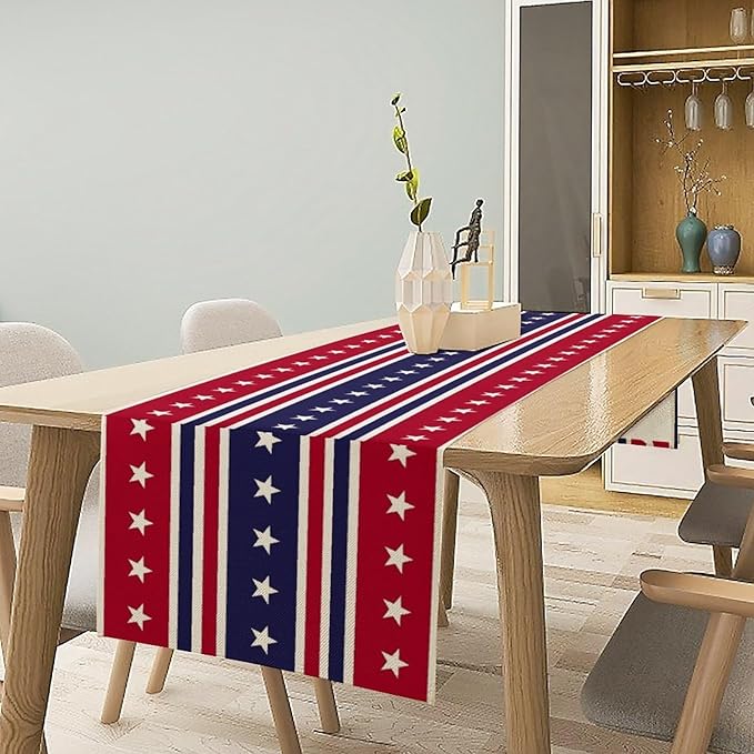 4th of July Table Runner, USA Flag Stars Stripes American Independence Day Red Blue White Stars Lines Print Table Cover for Farmhouse Kitchen Indoor Outdoor Home Party, 13x108inch