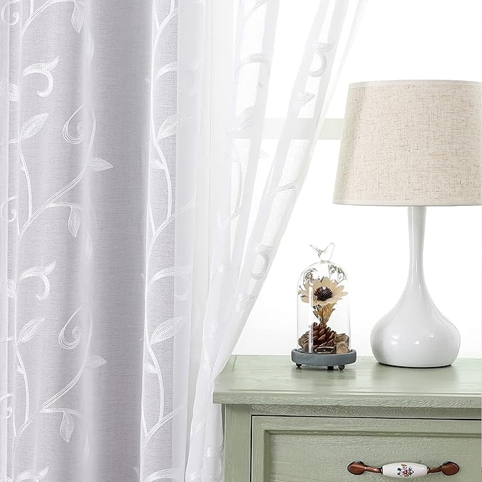 VISIONTEX White Leaves Sheer Voile Curtains, Decorative Embroidery Rod Pocket Window Drapes for Home Living Room and Bedroom 54 x 95 Inch, Set of 2 Curtain Panels