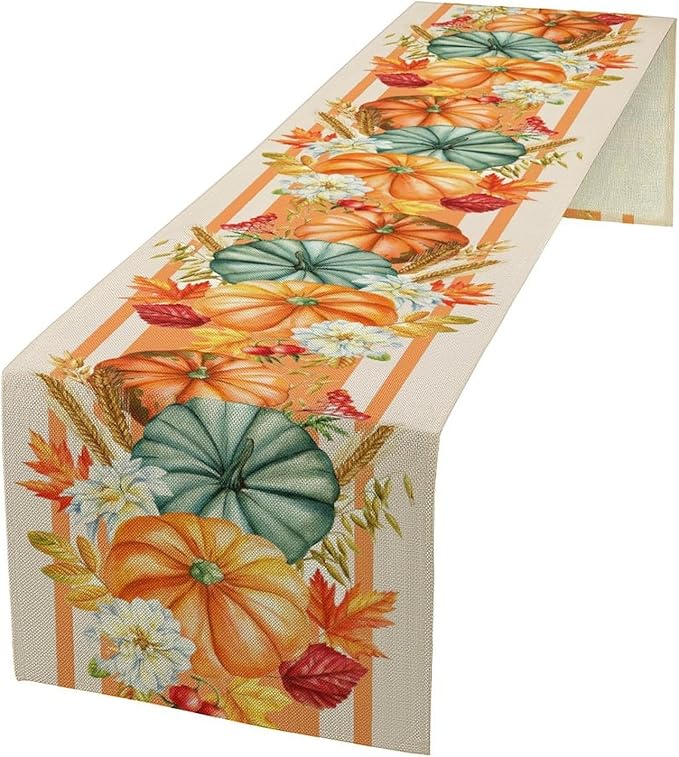 Autumn Table Runner,Orange Pumpkin Flowers Leaves Fall Table Runners Seasonal Kitchen Dining Table Decor for Thanksgiving Harvest Home Holiday Party 13x108 Inch