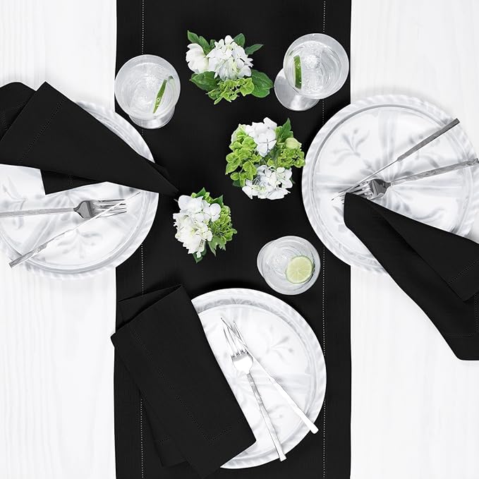 Solino Home Linen Black Table Runner 36 Inches - Classic Hemstitch, 100% Pure Linen Coffee Table Runner 14 x 36 Inch Ideal for Dresser Tables - Fall, Autumn, Halloween, Thanksgiving, Holiday