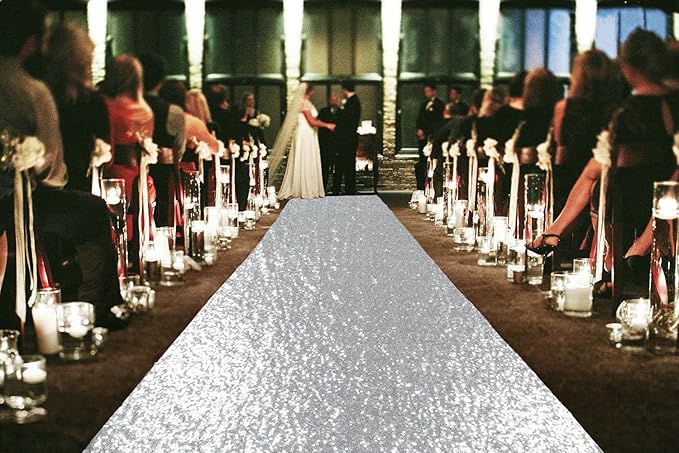 Aisle Runner in Silver Glitter, 2 x 15 Feet, Machine Washable