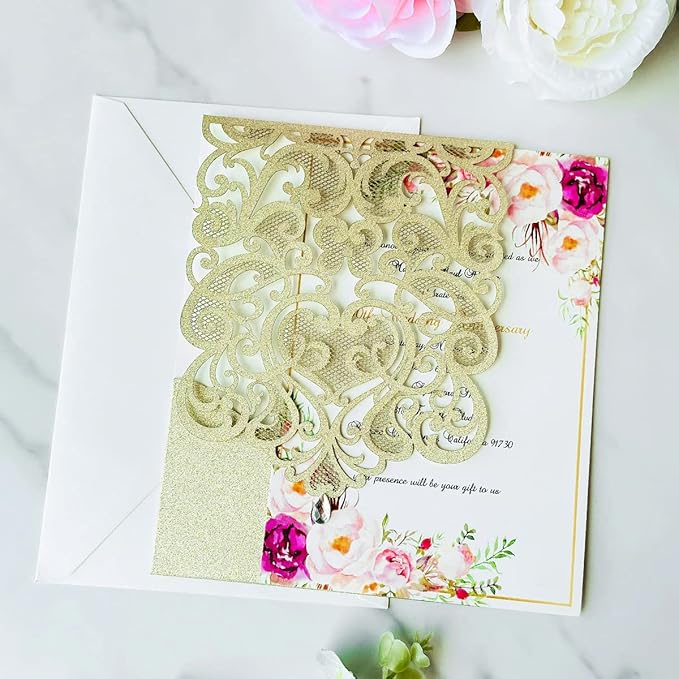 Hosmsua 50PCS Personalized Wedding Invitations Kit 5.12 x 7.3 Laser Cut Hollow Rose Rhinestone Pocket with Envelope for Wedding Quinceanera Invite (Champagne Gold Glitter)