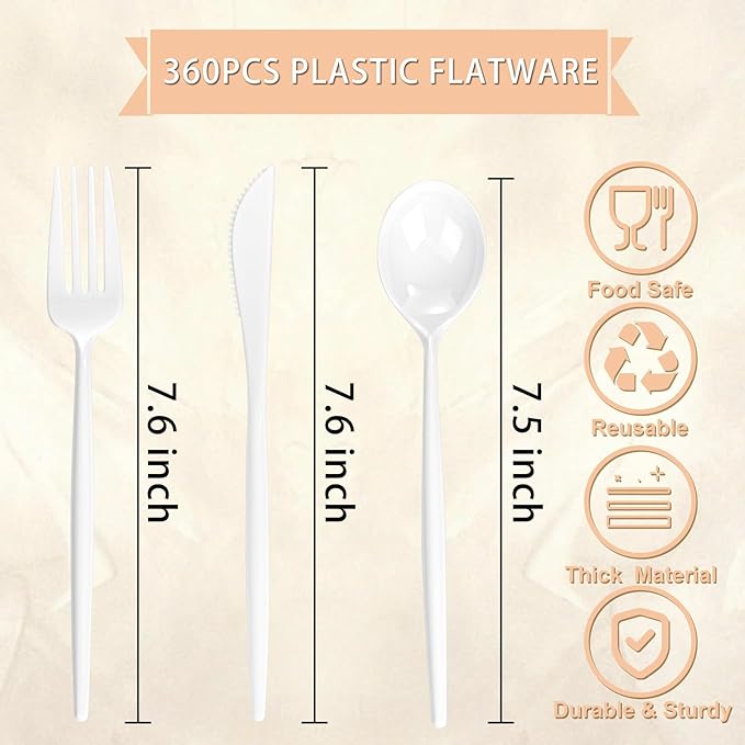 Disposable Plastic Cutlery Set, 360 Pieces, White, Heavy Duty