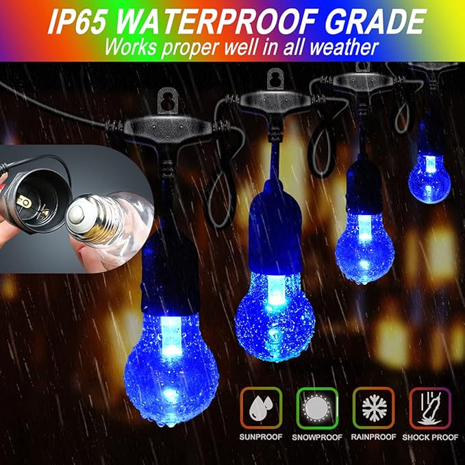 String Lights, 48 Ft Outdoor RGB LED with Remote and Shatterproof Bulbs