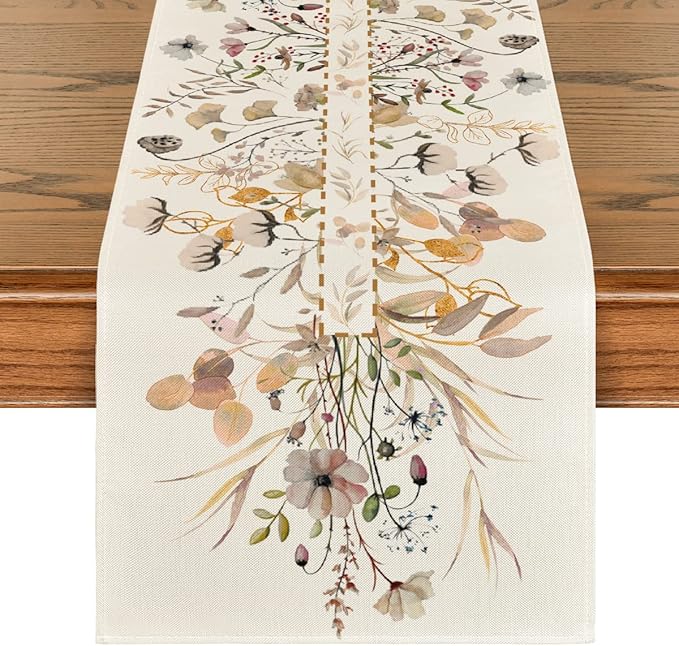 Artoid Mode Wildflower Leaves Floral Fall Table Runner, Autumn Thanksgiving Kitchen Dining Table Decoration for Indoor Outdoor Home Party 13x36 Inch