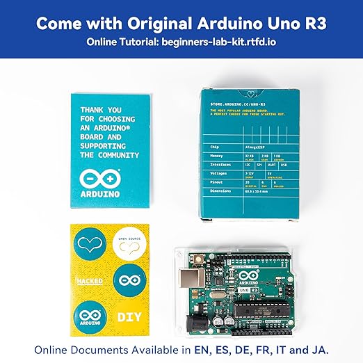SunFounder Beginner's Lab Starter Kit with Original Arduino Uno R3 REV3 Board Multimeter Basic to Advance 25 Projects HCSR-04 Sensor Button Temp LED Microcontroller Programming