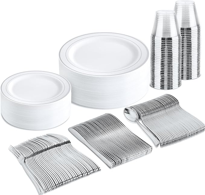 Plates for 25 Guests: Silver Rim Disposable Dinnerware, 150 Pieces