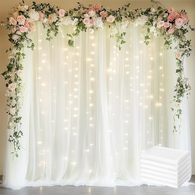 Fomcet Tulle Backdrop Curtains Ivory 30FT X 8FT Tulle Curtains with Lights String Sheer Curtain Backdrop for Parties Wedding Baby Shower Photo Shoot Decorations (6 Panels 5 x 8FT)