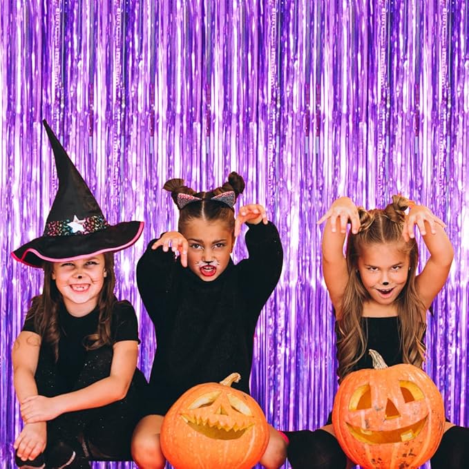GOER 6.4 ft x 8.2 ft Metallic Tinsel Foil Fringe Curtains,Pack of 2 Party Streamer Backdrop for Halloween Birthday,Graduation and New Year Eve Party Decorations (Purple)