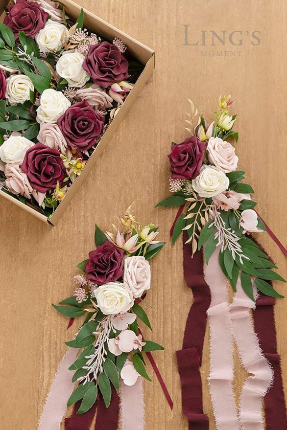 Artificial Flowers for Wedding Aisle Pews, 8 Pcs Marsala and Blush