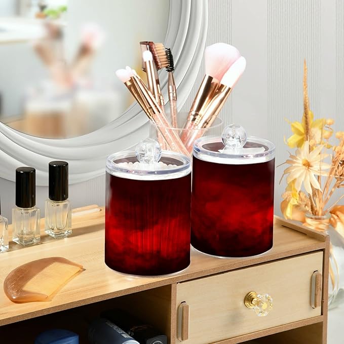 Gredecor 2 Pack Qtip Holder Clear Red Apothecary Jars with Lids Plastic Acrylic Bathroom Jars Vanity Countertop Canister Storage Organizer for Cotton Ball,Swabs,Pads,Floss