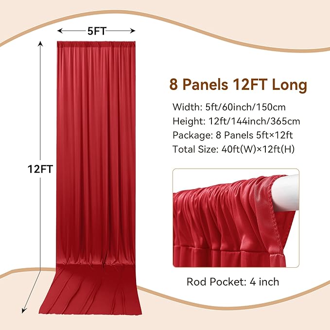 40×12ft Wrinkle Free Red Backdrop Curtain for Wedding Parties,8 Panels 5×12ft Long Soft Silky Polyester Backdrop Drapes Red Photo Back Drop Curtains for Photography Stage Christmas Background Cloth