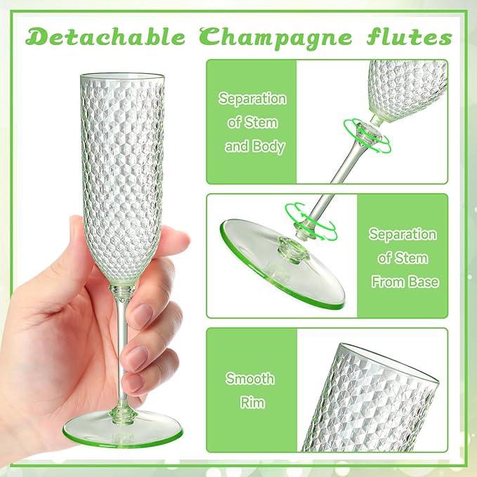 Green Detachable 2-Piece Plastic Champagne Glasses, 5.5 oz Reusable