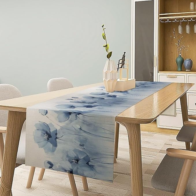Abstract Floral Table Runner, Blue Poppy Flower Modern Art Print Kitchen Dinning Table Runner for Indoor Outdoor Home Wedding Party Holiday, 13x36 Inch