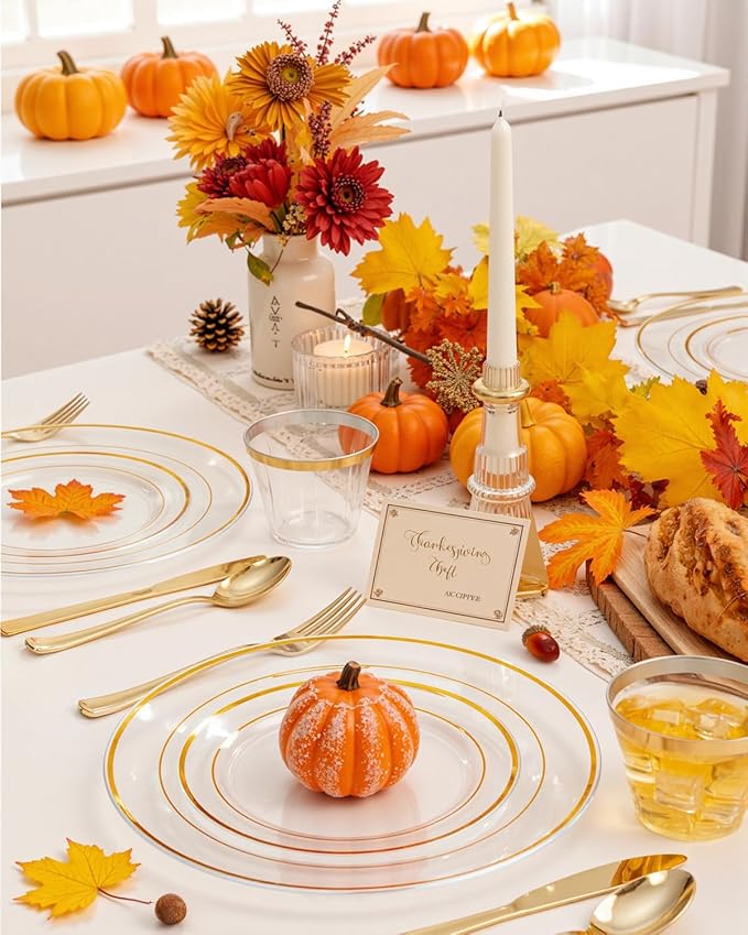 Plastic Plates Set, Clear Gold with Gold Trim, 300 Pieces