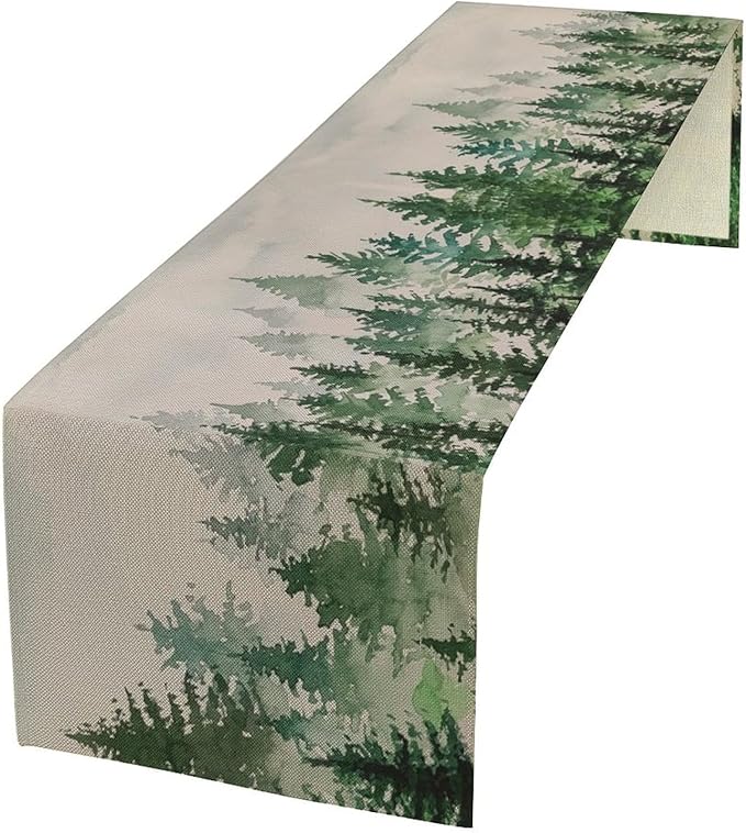 Foggy Forest Table Runner,Green Forest Natural Landscape Table Runner for Kitchen Dining Table Home Party Decoration 13x120 Inch