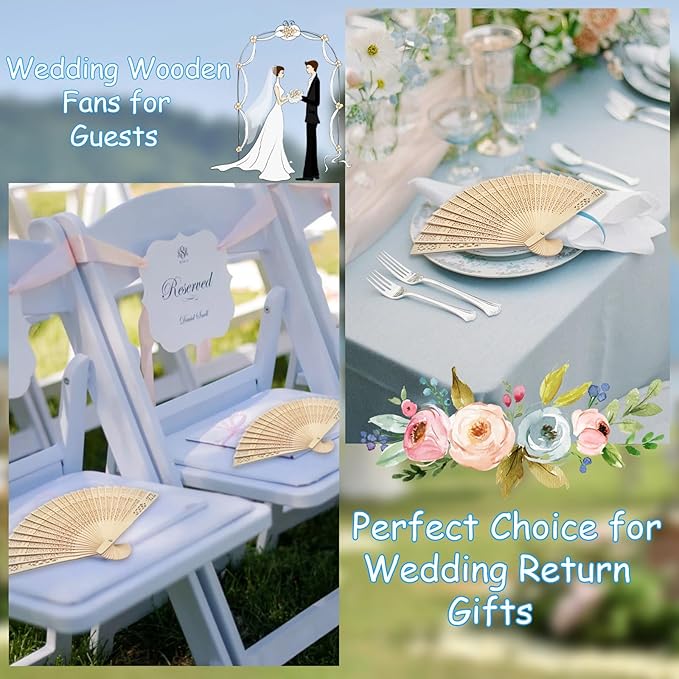 100Pcs Wedding Fans Personalized Folding Hand Fans Custom Sandalwood Wedding Fans with Organza Bags Wedding Party Favor Wedding Fans for Guests (50)