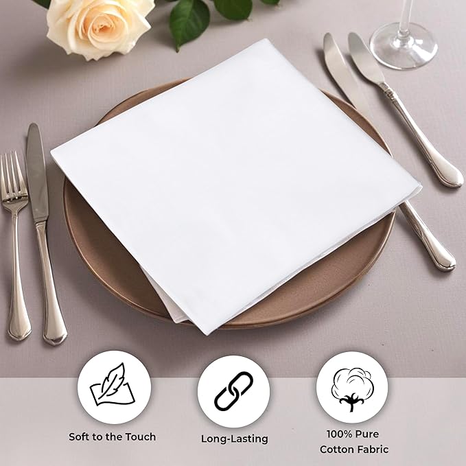 White Square Cotton Dinner Napkins, Set of 12, 18 x 18 Inch