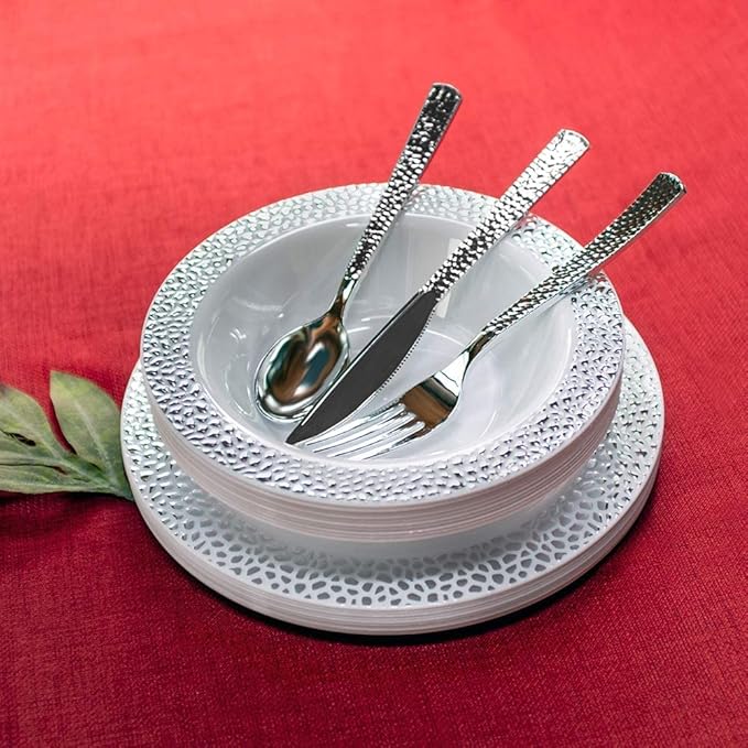 Plastic Cutlery Silverware Extra Heavyweight Disposable Flatware, Full Size Cutlery Combo, Silver Pebbled, 80 Forks, 40 Spoons, 40 Knifes, Value Pack 160 Count