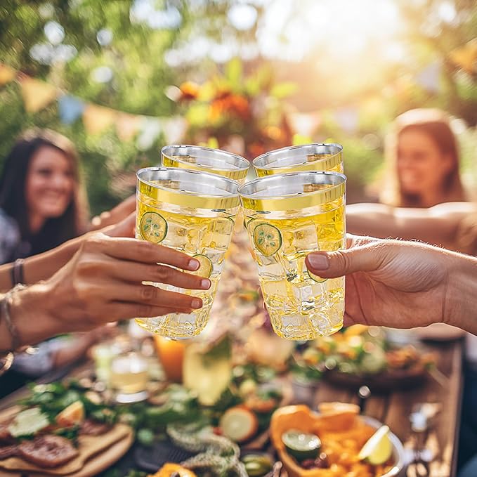 Disposable Plastic Party Cups, 12 oz Clear with Gold Rim, 100 Count