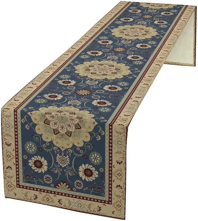Vintage Boho Floral Table Runner, Elegant Rustic Country Farmhouse Blue Yellow Retro Flower Pattern for Home Kitchen Table Decor Dining Coffee Room Party Decor 13x60in