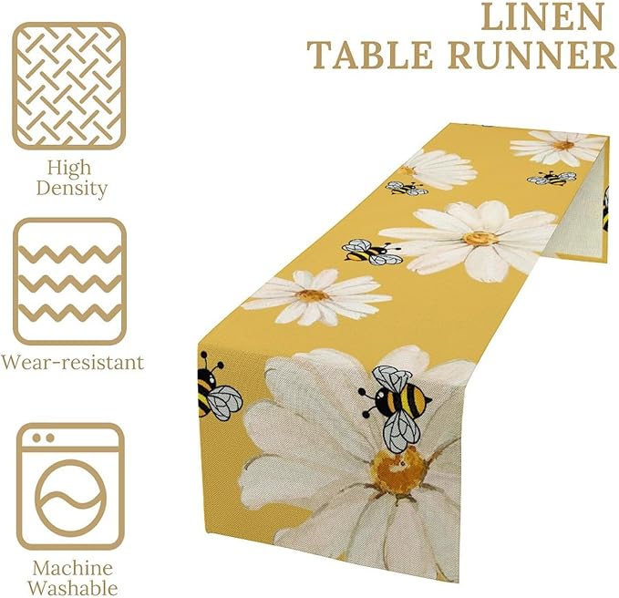 Daisy Flower Table Runner, Summer Spring Seasonal Watercolor Wildflower Yellow Bee Print Table Cover for Home Party Decor Kitchen Dining Table, 13x120inch