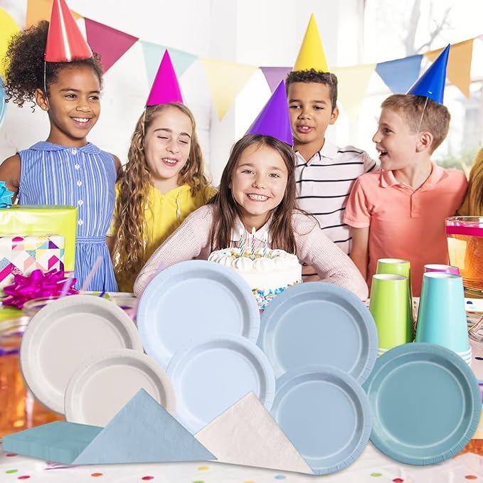Plates Set, Dusty Blue Paper Party Plates and Napkins, 150 Pieces