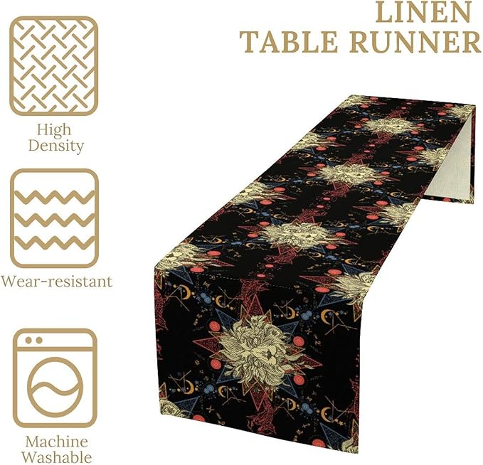 Boho Moon Lion Table Runner, Chinese Fish Phase of The Moon Sun Moon Table Runner for Kitchen Dining Table Home Party,13x108 Inch Black Red