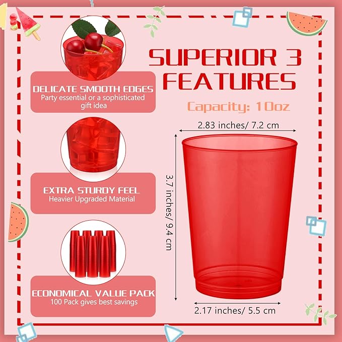 Disposable Plastic Party Cups, 10 oz Red, Pack of 100