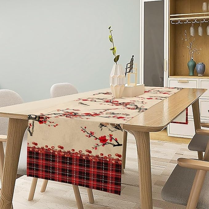 Bird Table Runner,Red Black Buffalo Plaid Blossom Seasonal Table Runner for Kitchen Dining Table Decoration Home Party Decor 13x120 Inch