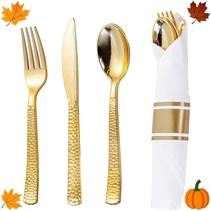 Disposable Spoons Set, 50 Count Gold Plastic with Pre-Rolled Napkins