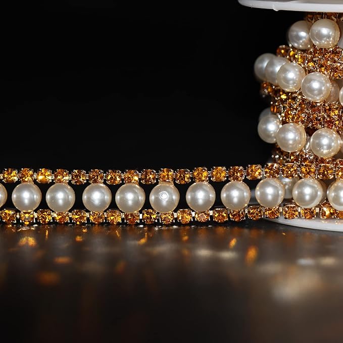 Jerler Gold Rhinestone Trim Applique 1 Yard 2 Rows Crystal Chain Banding Diamond Inlaid White Pearl Beaded Rhinestones for Crafts Clothing and Bridal Embellishments Wedding Ideas Christmas Decorations