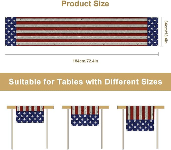 American Flag Table Runner, 4th of July USA Rustic Vintage Wooden Blue Red Stars Stripes Print Table Runner for Farmhouse Kitchen Dining Table Decor, 13x36inch