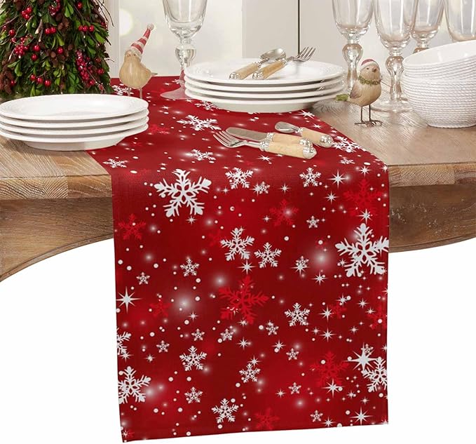 Christmas Snowflakes Cotton Linen Table Runner for Dining Kitchen, Red Xmas Winter Snow Wedding Outdoor Party Tablerunners Decoration, New Year Dresser Scarf Coffee Tablecloth Runners 13x120 Inches