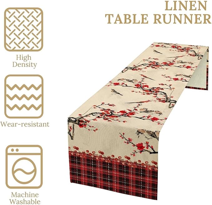Bird Table Runner,Red Black Buffalo Plaid Blossom Seasonal Table Runner for Kitchen Dining Table Decoration Home Party Decor 13x90 Inch
